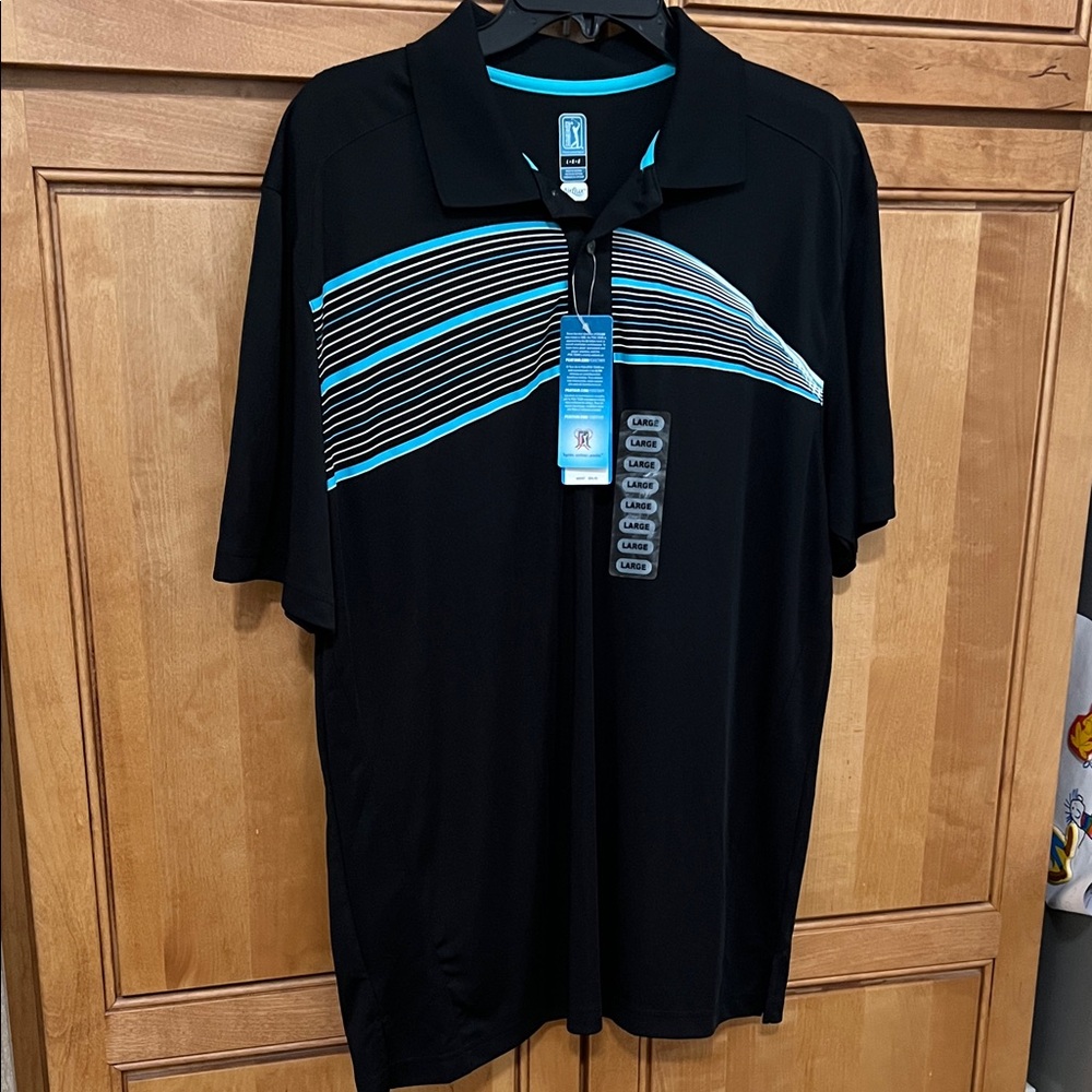 New PGA Tour Men's Black Polo Shirt with Blue Stripes, Size Large